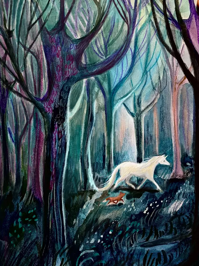 an illustration of a unicorn and a fox, running through the forest together. the illustration is created using gouache, coloured pencils, watercolour , pastels and procreate. It is an illustration of ideal for anyone who loves unicorns, and also perfect f